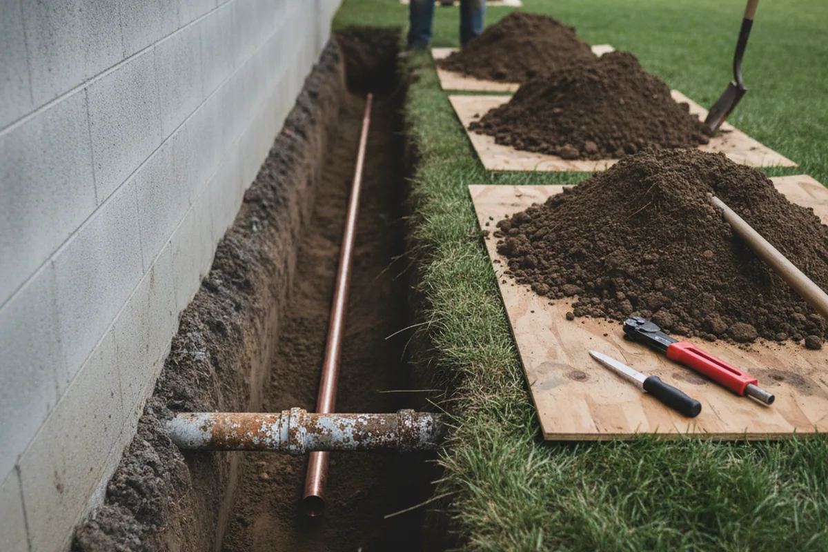 Excavated water line trench during Sewer Line Repair in Johnson